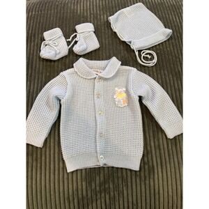 Vintage Baby Boys‎ Girls Blue Knit Cardigan Hat Booties Set 0 6 Months